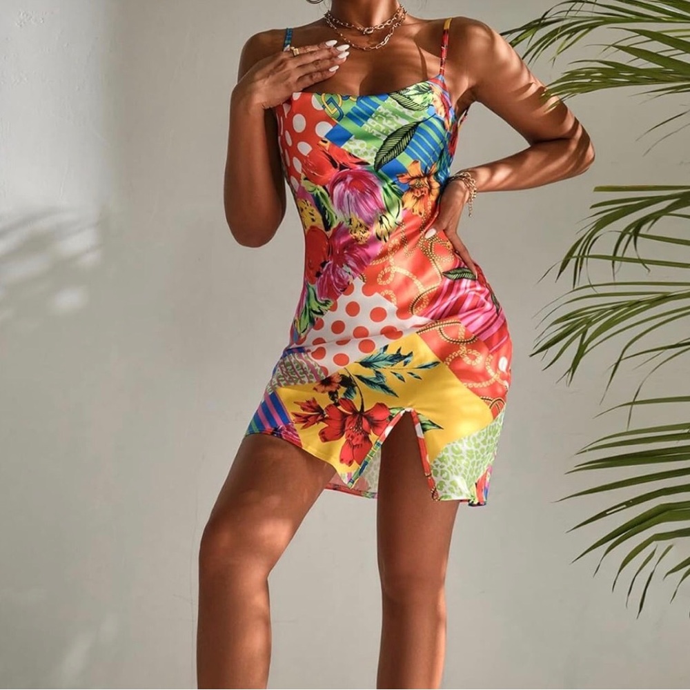Shein Satin Open Back Patchwork Mini Dress